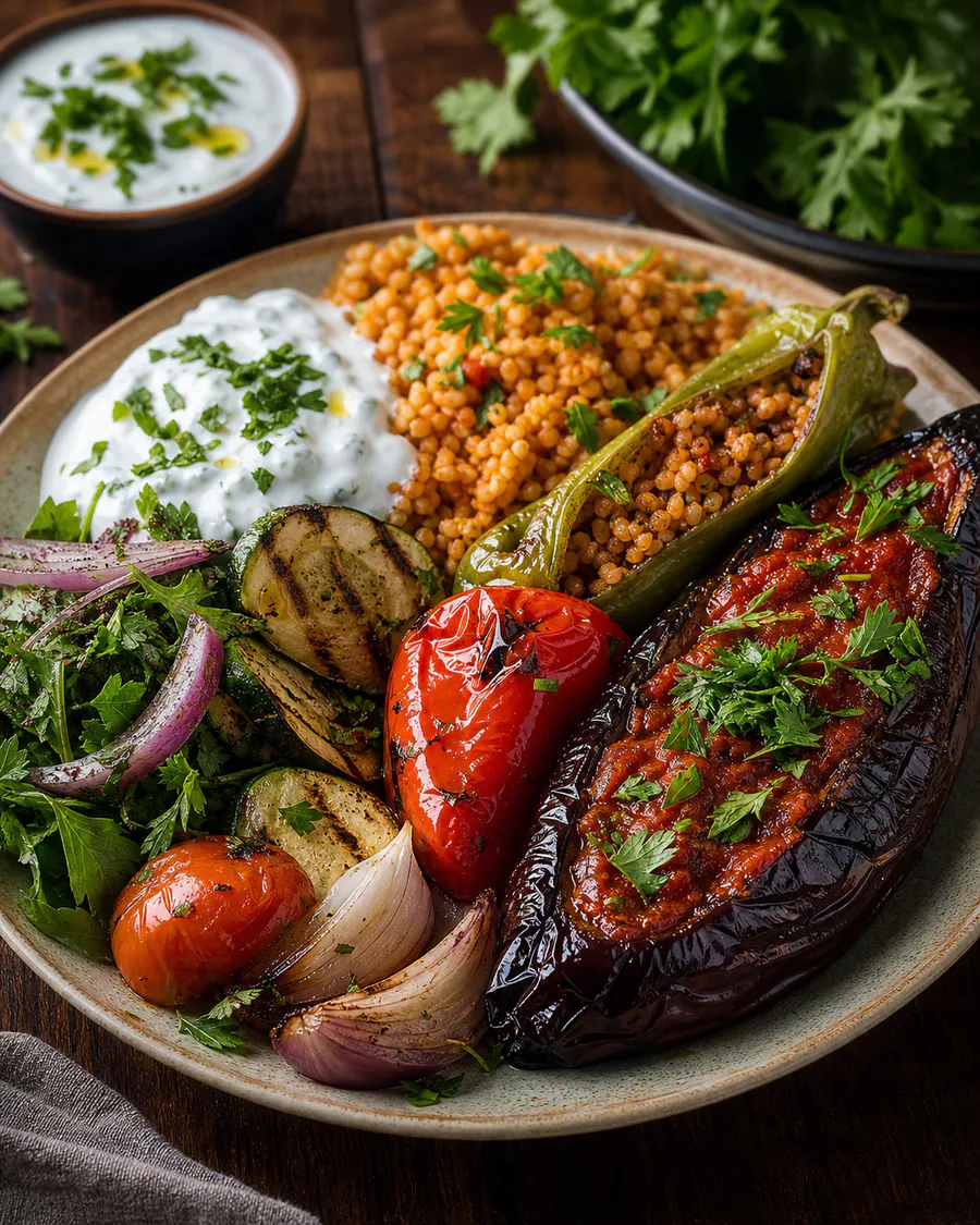 Türkischer vegetarischer Teller mit Aubergine und Bulgur