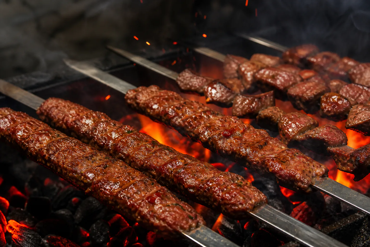 Adana Kebap und Fleischspieße über glühender Holzkohle