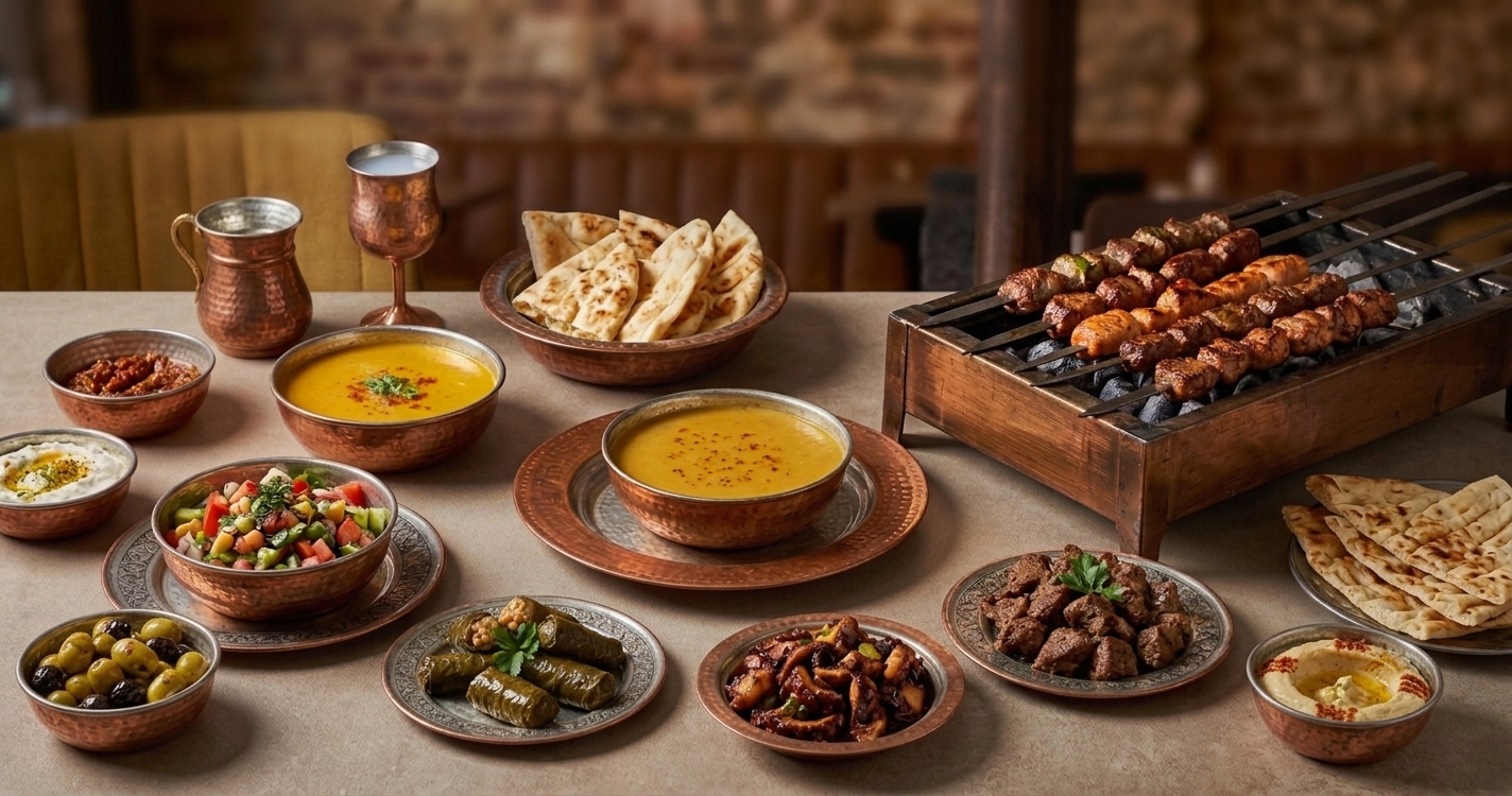 Türkische Speisen und Grillspieße auf einer gedeckten Tafel